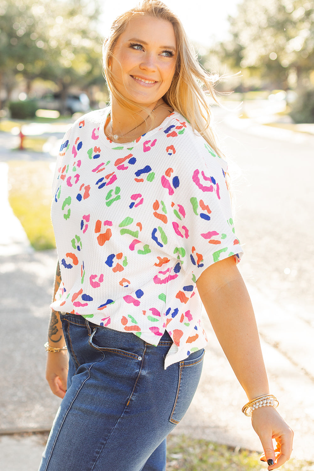 White Multicolor Leopard Print Textured Plus Size T Shirt Plus Size Blouses & Shirts JT's Designer Fashion