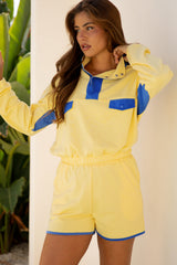 Yellow Color Block Patchwork Half Button Pullover and Shorts 2pcs Outfit Short Sets JT's Designer Fashion