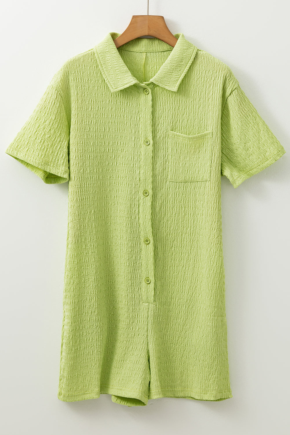 Meadow Mist Green Textured Short Sleeve Patched Pocket Buttoned Shirt Romper Jumpsuits & Rompers JT's Designer Fashion