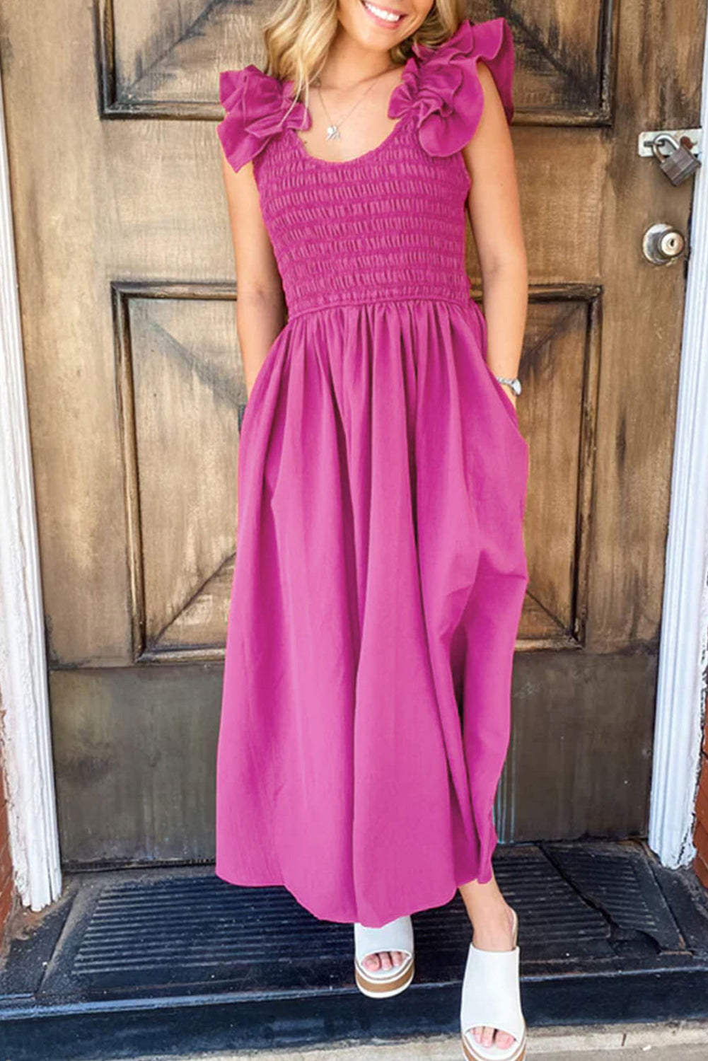 Rose Red Solid Color Ruffled Straps Smocked Ruched Long Dress Rose Red 100%Polyester Maxi Dresses JT's Designer Fashion