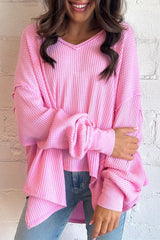 Bonbon Waffle Knit Exposed Seam High Low Top Long Sleeve Tops JT's Designer Fashion