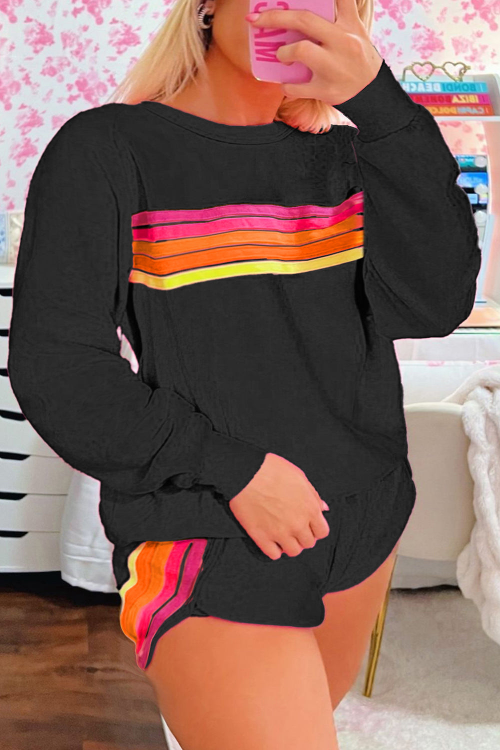 Black Striped Accent Pullover and Shorts Two Piece Casual Set Short Sets JT's Designer Fashion