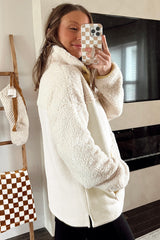 Beige Fleece Colorblock Trim Buttons Collar Sweatshirt with Pocket Sweatshirts & Hoodies JT's Designer Fashion