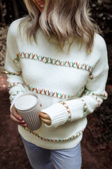 White Colorful Crossed Stitch Drop Shoulder Sweater Sweaters JT's Designer Fashion