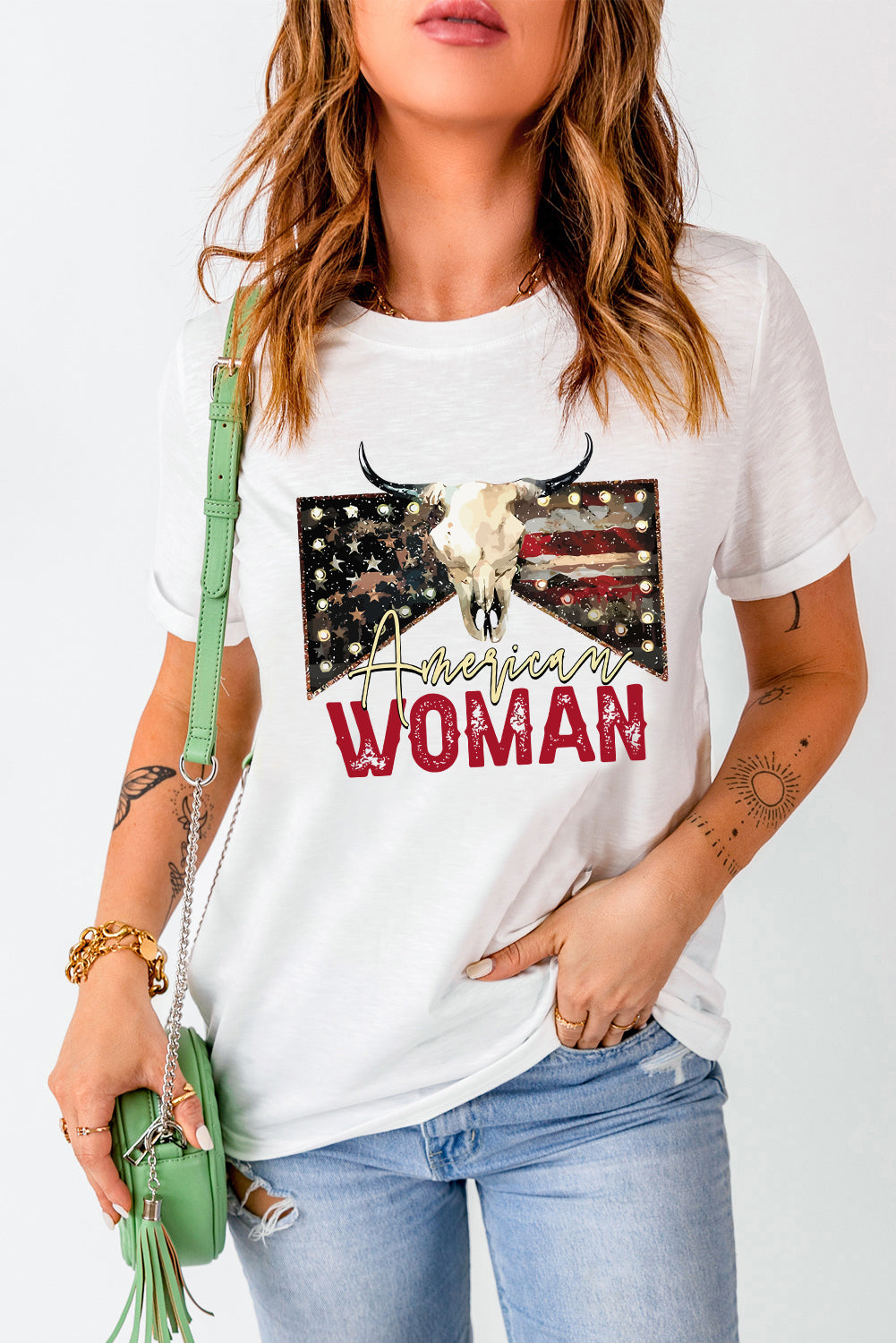 White American Woman Bull Skull Graphic T Shirt Graphic Tees JT's Designer Fashion