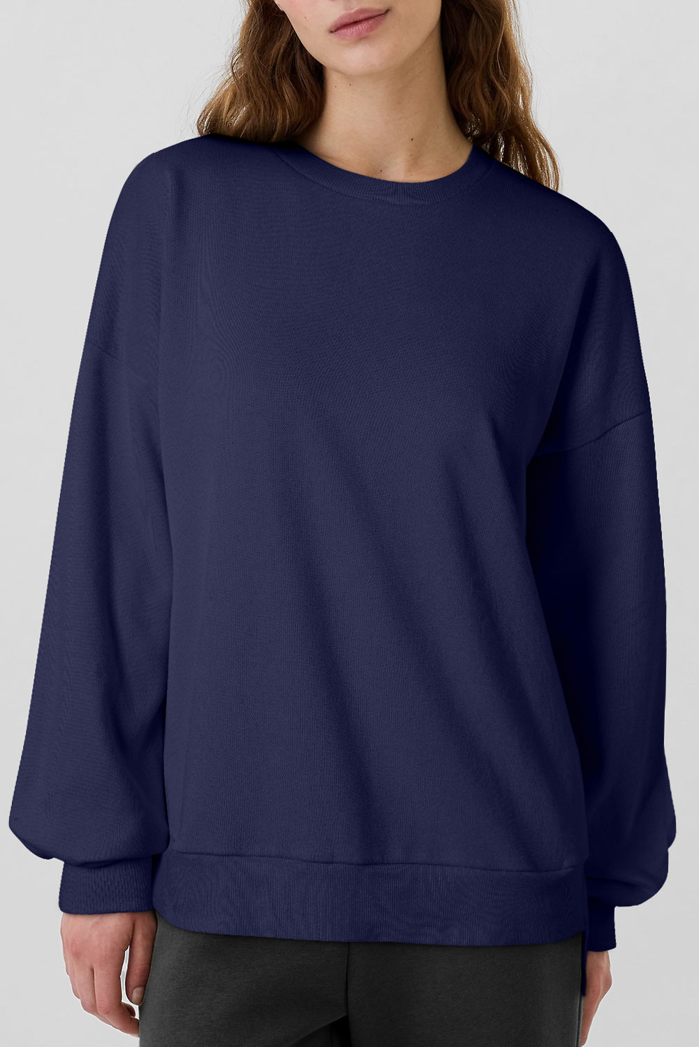 Navy Blue Solid Fleece Lined Drop Shoulder High Low Sweatshirt Sweatshirts & Hoodies JT's Designer Fashion