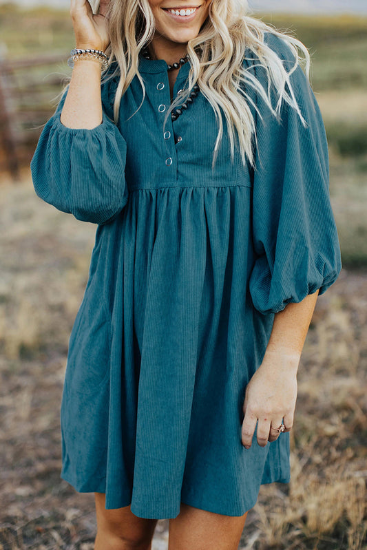Blue Corduroy Snap Buttons Empire Waist Bracelet Sleeve Dress Mini Dresses JT's Designer Fashion