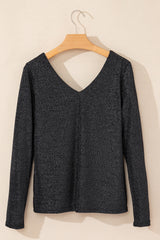 Black Metallic Bowknot Open Back V Neck Top Long Sleeve Tops JT's Designer Fashion
