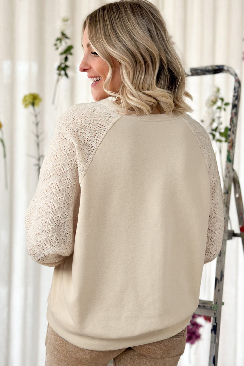 Parchment Eyelet Knit Patchwork Raglan Sleeve Pullover Top Sweatshirts & Hoodies JT's Designer Fashion