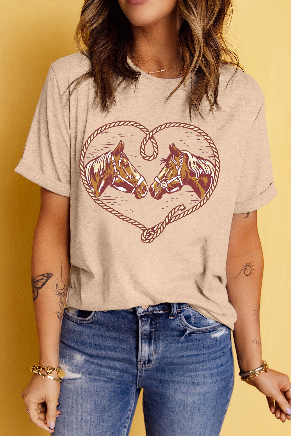 Khaki Rodeo Horse Graphic Western Cowgirl Fashion T Shirt Graphic Tees JT's Designer Fashion