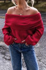 Racing Red Off-the-shoulder Knit Sweater Racing Red 60%Cotton+40%Acrylic Sweaters JT's Designer Fashion