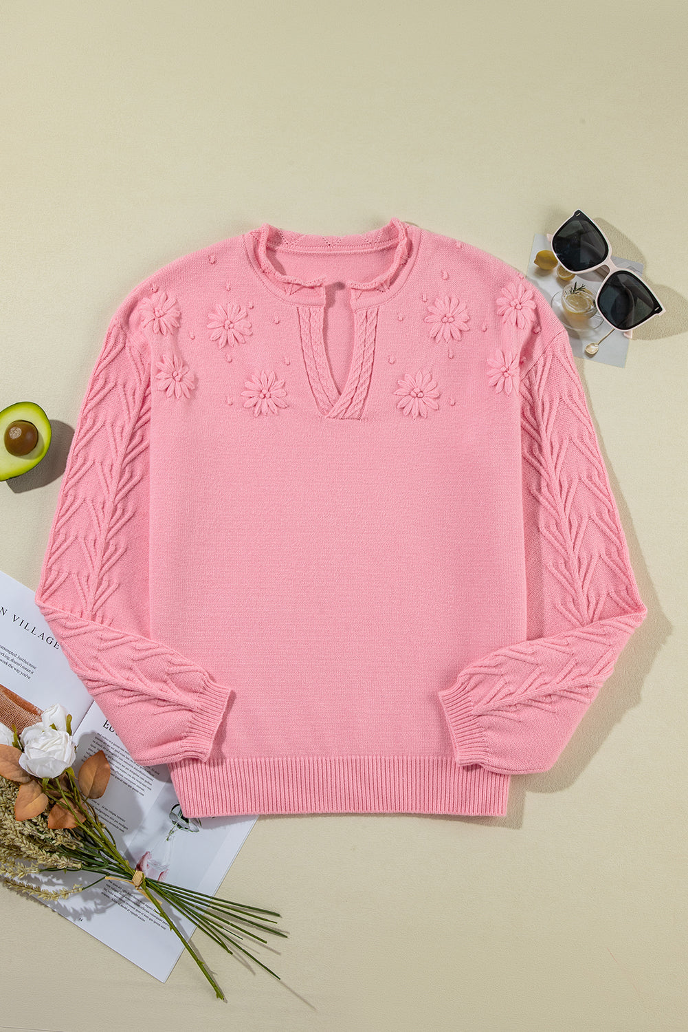 Peach Blossom Flower Detail Knitted Notched Neck Sweater Sweaters JT's Designer Fashion