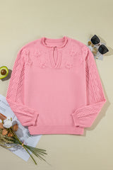 Peach Blossom Flower Detail Knitted Notched Neck Sweater Sweaters JT's Designer Fashion