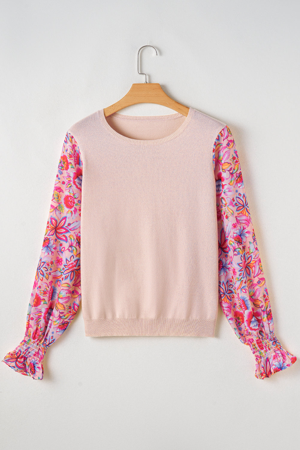 Oatmeal Floral Printed Patchwork Smocked Lantern Sleeve Knit Top Sweaters JT's Designer Fashion