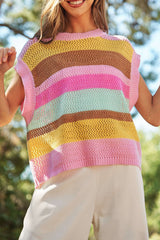 Pink Stripe Hollowed Crochet Cap Sleeve Loose Fit Sweater T Shirt Sweaters & Cardigans JT's Designer Fashion
