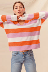 Orange Stripe Colorblock V Neck Casual Sweater Sweaters JT's Designer Fashion