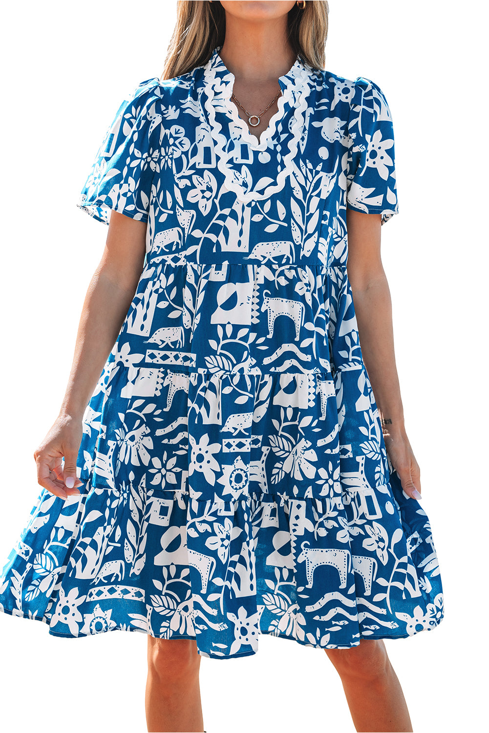 Blue Ricrac Trim Split Neck Floral Loose Dress Floral Dresses JT's Designer Fashion