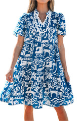 Blue Ricrac Trim Split Neck Floral Loose Dress Floral Dresses JT's Designer Fashion