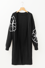 Black Flower Embroidered Drop Shoulder Open Front Duster Cardigan Cardigans JT's Designer Fashion