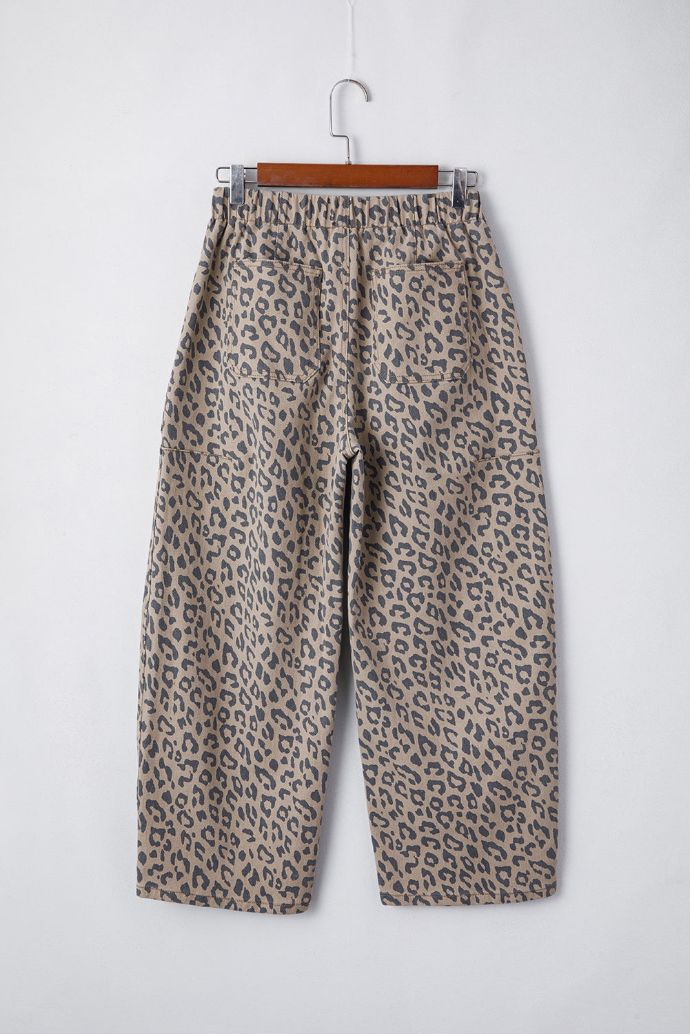 Khaki Leopard Printed Drawstring Elastic Waistband Pocketed Wide Leg Jeans Jeans JT's Designer Fashion