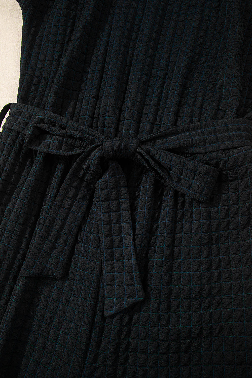 Black Checkered Mesh One Shoulder Short Sleeve Knotted Waist Jumpsuit Jumpsuits & Rompers JT's Designer Fashion