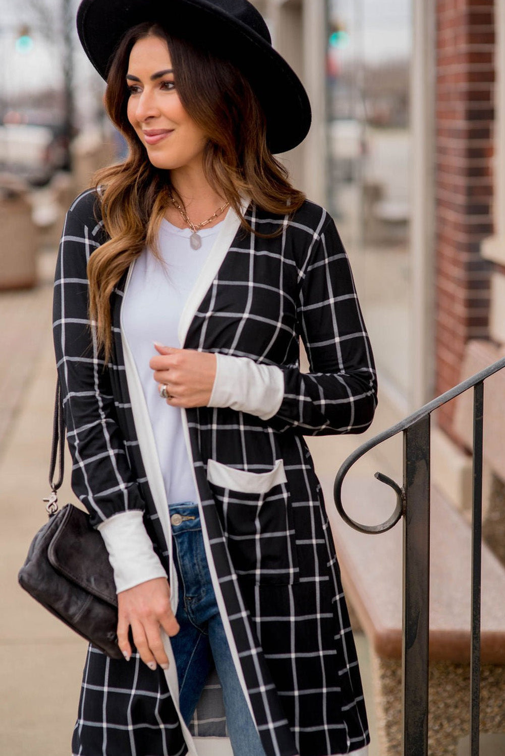 Black Plaid Colorblock Edge Open Cardigan with Pocket Cardigans JT's Designer Fashion