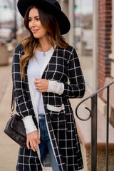 Black Plaid Colorblock Edge Open Cardigan with Pocket Cardigans JT's Designer Fashion