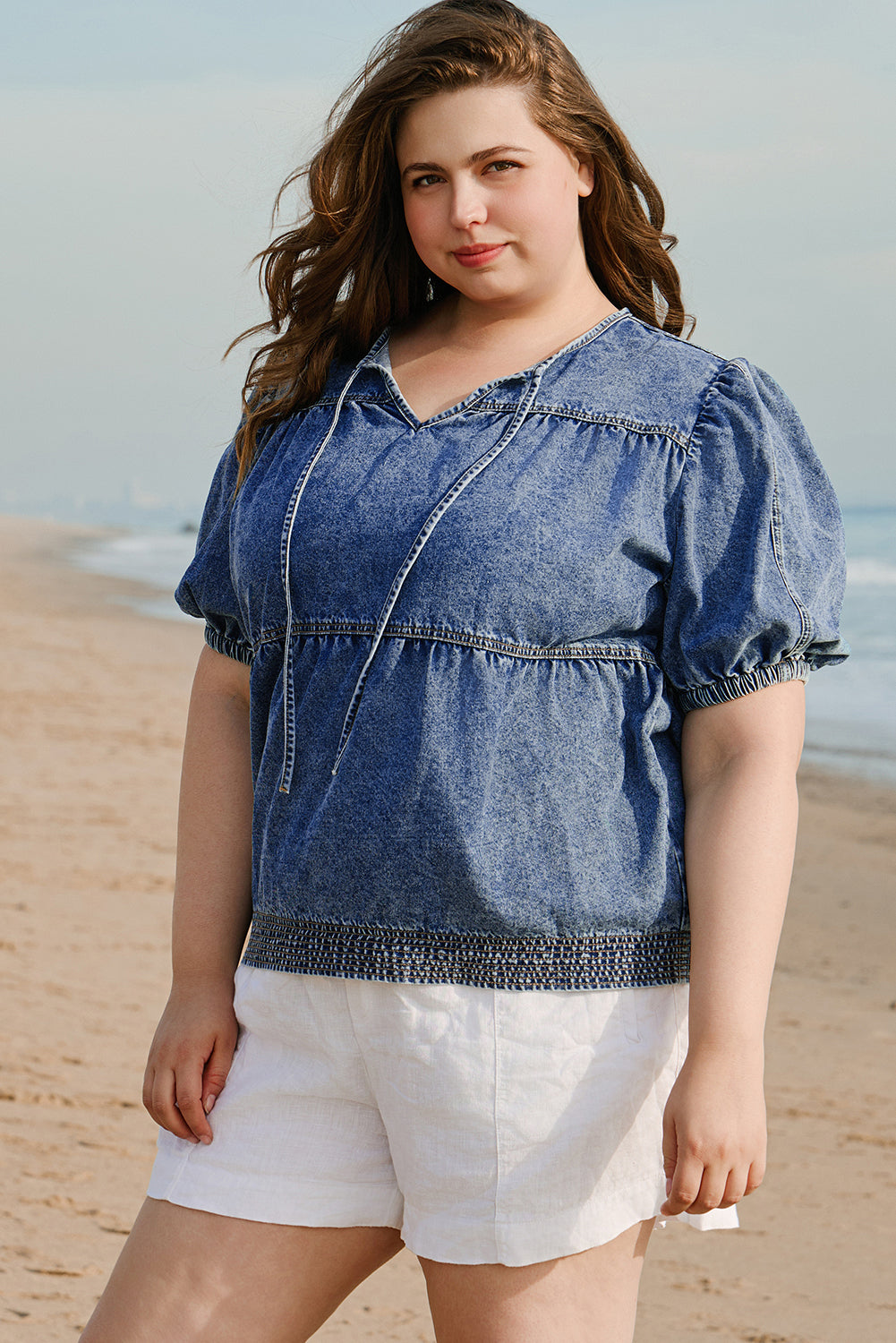 Sail Blue Plus Drawstring V Neck Puff Sleeve Denim Blouse Plus Size Blouses & Shirts JT's Designer Fashion