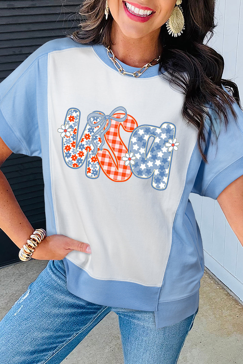 Sky Blue Star Plaid Flower USA Graphic Color Block Crewneck T Shirt Graphic Tees JT's Designer Fashion