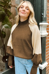 Desert Palm Colorblock Raglan Puff Sleeve Mock Neck Sweater Sweaters JT's Designer Fashion