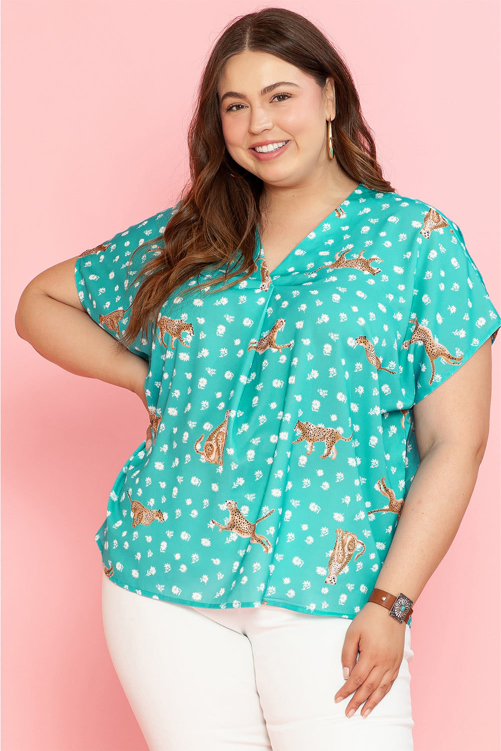 Green Cheetah Print V Neck Short Sleeve Plus Top Plus Size JT's Designer Fashion