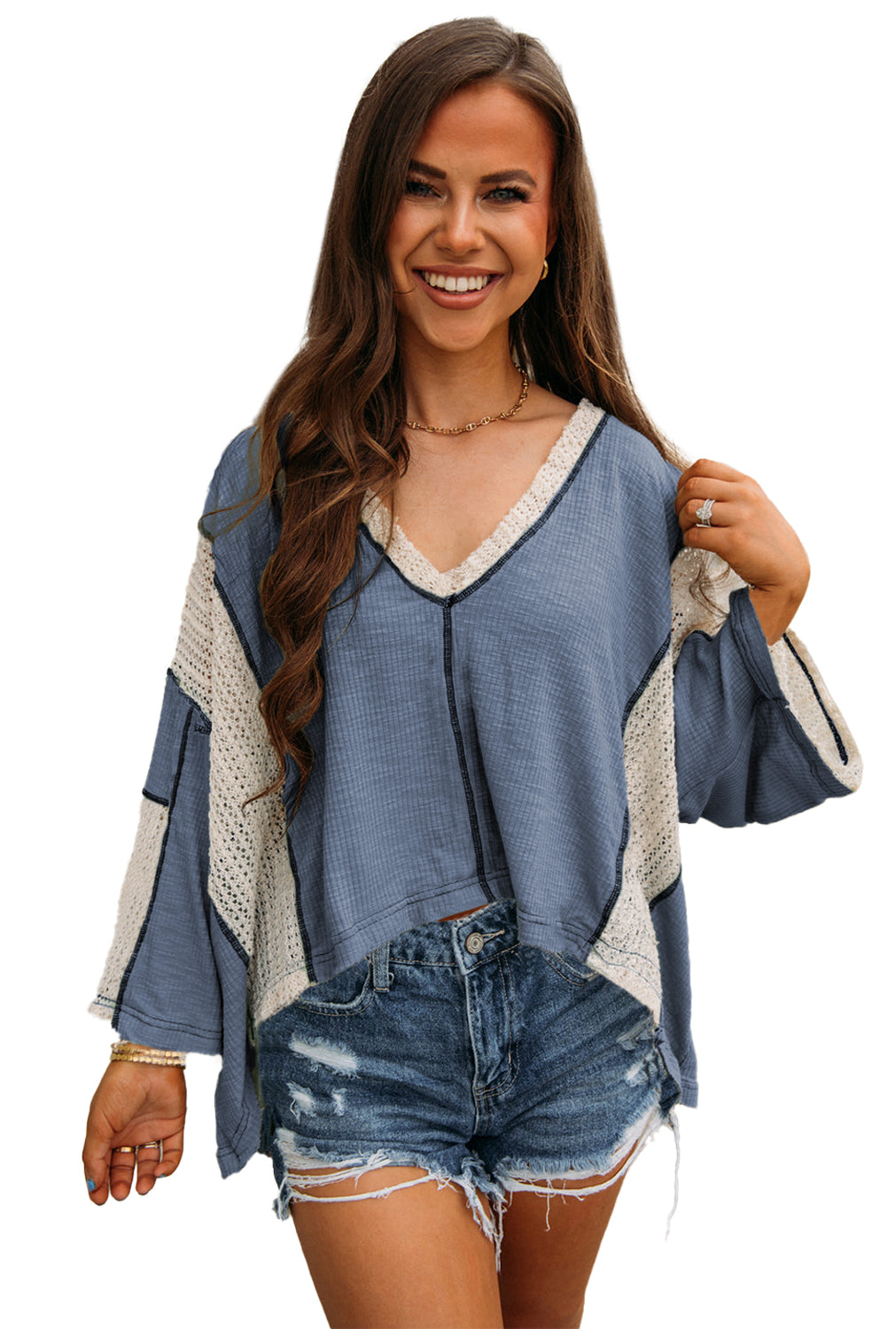 Ashleigh Blue Crochet Detail Exposed Seam High Low Loose Top Long Sleeve Tops JT's Designer Fashion
