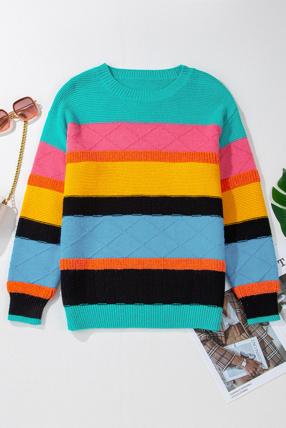 Yellow Colorblock Mixed Textured Drop Shoulder Sweater Sweaters JT's Designer Fashion