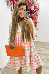 Orange Bohemian Printed Bracelet Sleeve Slit Neck Ruffled Loose Dress Mini Dresses JT's Designer Fashion
