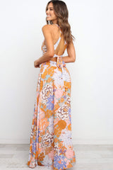 Orange Boho Floral Backless Lace up Sleeveless Maxi Dress Dresses JT's Designer Fashion