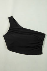 Black Pleated Mesh One Shoulder Bikini Top and Skirts Set Bikinis JT's Designer Fashion