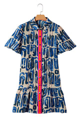Beige Abstract Print Bubble Sleeve Button up Mini Dress Mini Dresses JT's Designer Fashion