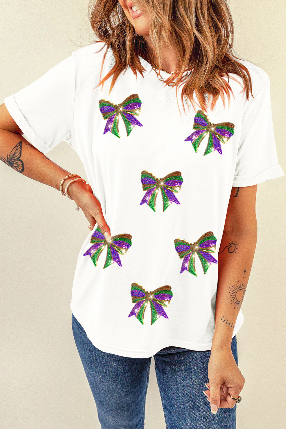 White Sequin Mardi Gras Bow Graphic Crewneck Tee Graphic Tees JT's Designer Fashion