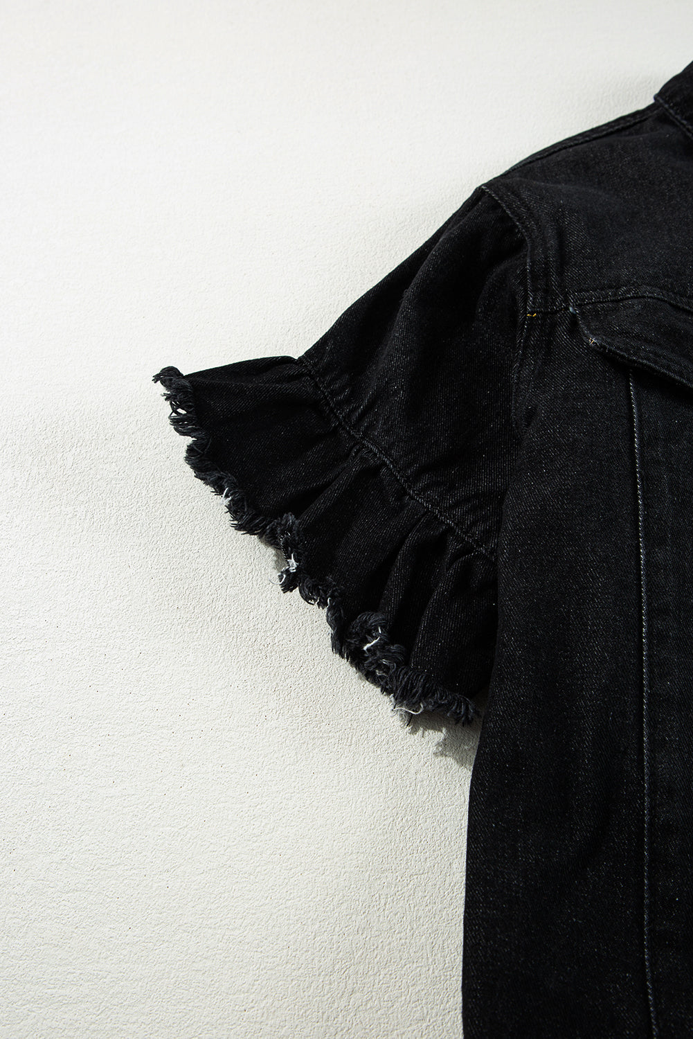 Black Raw Edge Ruffled Short Sleeve Denim Jacket Denim Jackets JT's Designer Fashion