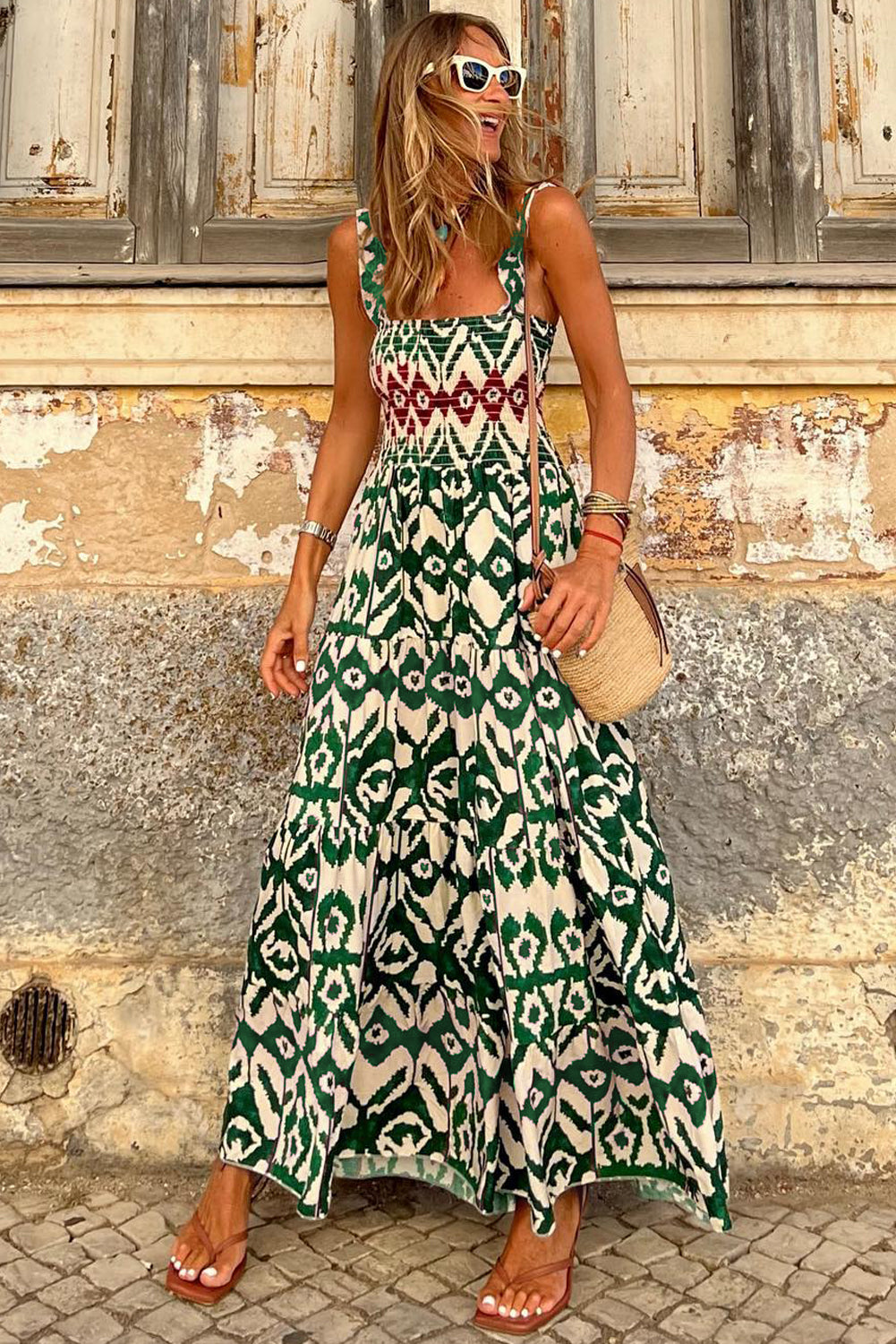 Green Western Aztec Shirred A-line Sleeveless Long Dress Maxi Dresses JT's Designer Fashion