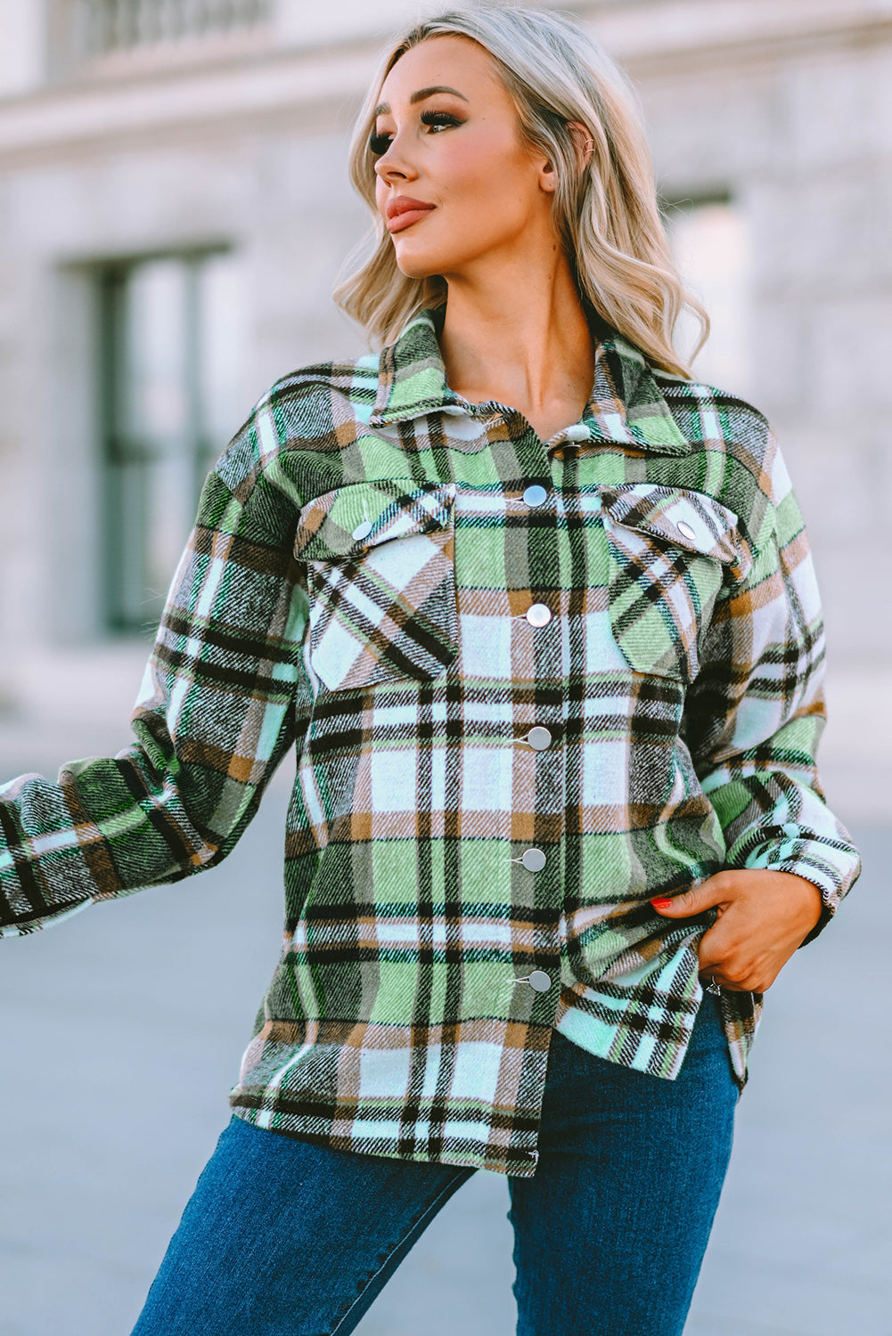 Green Geometric Plaid Print Pocketed Shacket Plaid Shackets JT's Designer Fashion