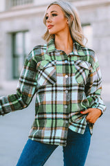 Green Geometric Plaid Print Pocketed Shacket Plaid Shackets JT's Designer Fashion