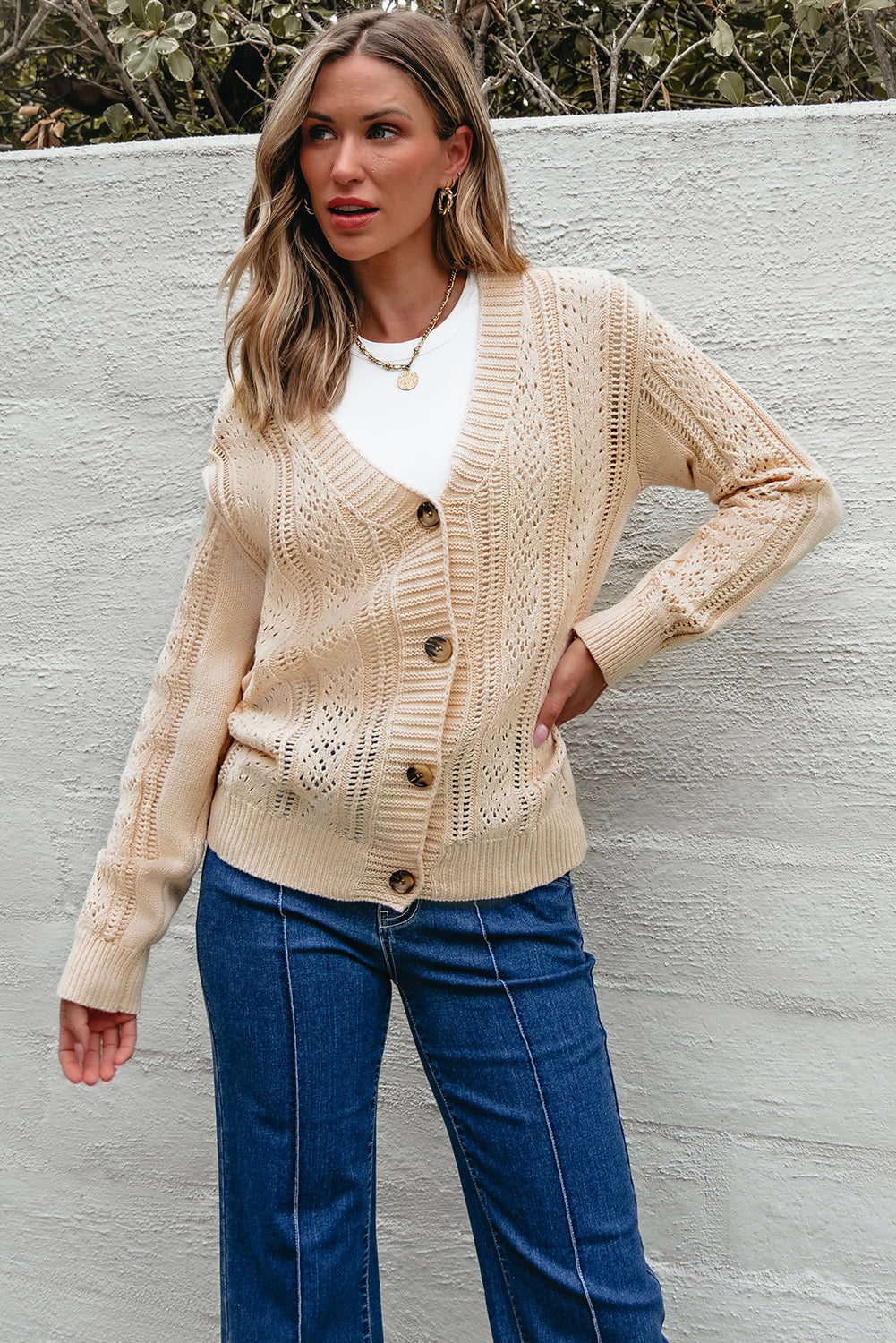 Beige Open Knit Drop Shoulder Sweater Cardigan Cardigans JT's Designer Fashion