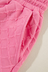 Sachet Pink Checkered Textured Tee and Drawstring Shorts Short Sets JT's Designer Fashion