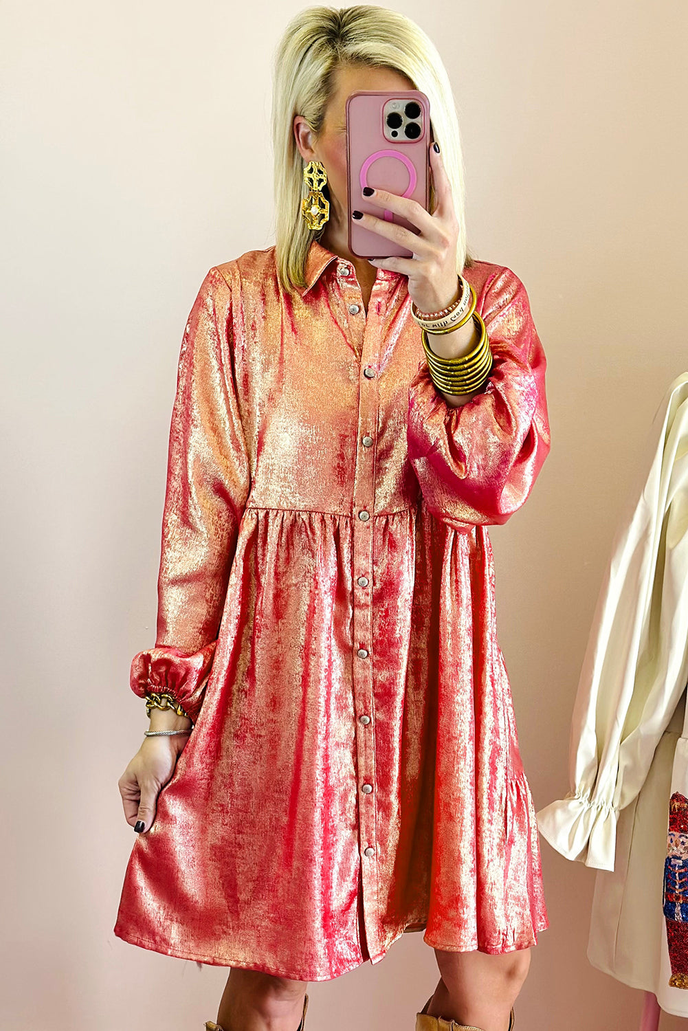 Peach Blossom Metallic Sheen Puff Sleeve Button Up Mini Shirt Dress Mini Dresses JT's Designer Fashion