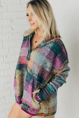 Multicolor Brushed Plaid Buttoned Pullover Oversized Hoodie Sweatshirts & Hoodies JT's Designer Fashion