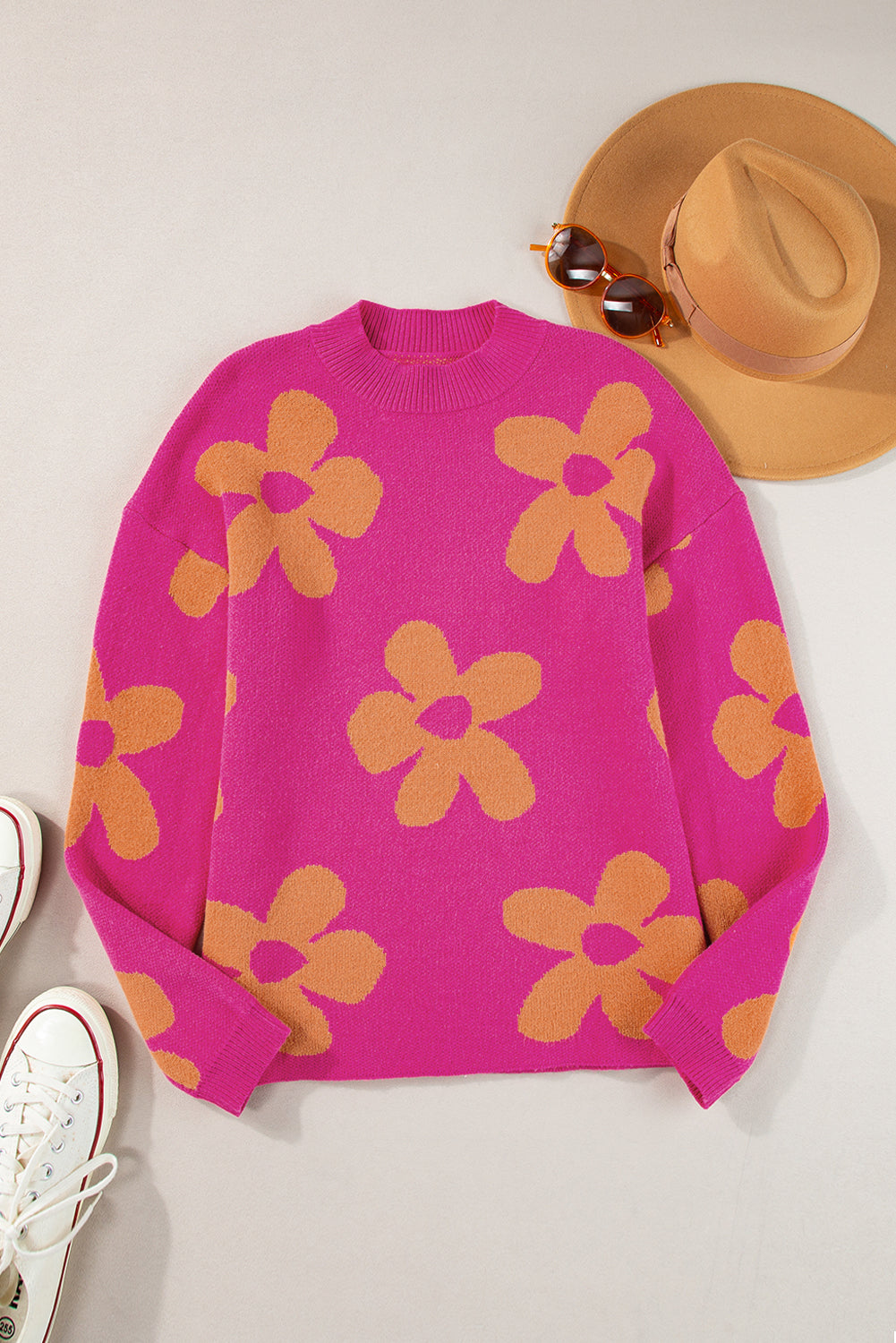 Rose Big Flower Pattern Mock Neck Long Sleeve Sweater Sweaters JT's Designer Fashion