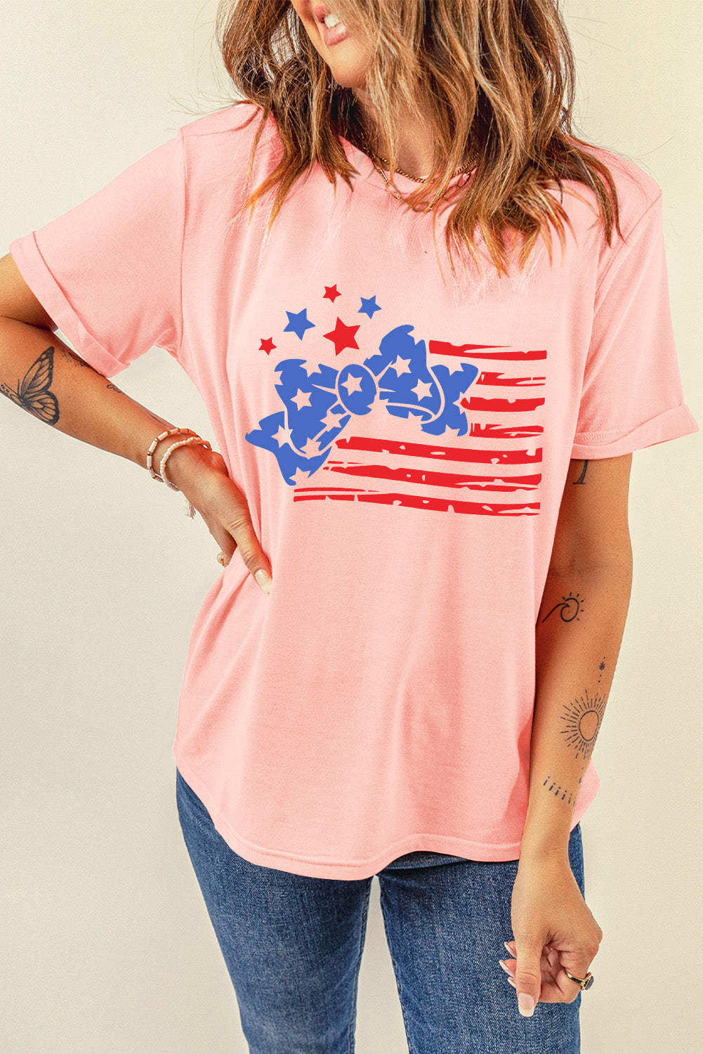 Pink Stars and Stripes Bow Knot Crew Neck T Shirt Graphic Tees JT's Designer Fashion