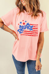 Pink Stars and Stripes Bow Knot Crew Neck T Shirt Graphic Tees JT's Designer Fashion