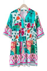 Multicolour Abstract Printed Half Sleeve Notched Neck Mini Dress Mini Dresses JT's Designer Fashion